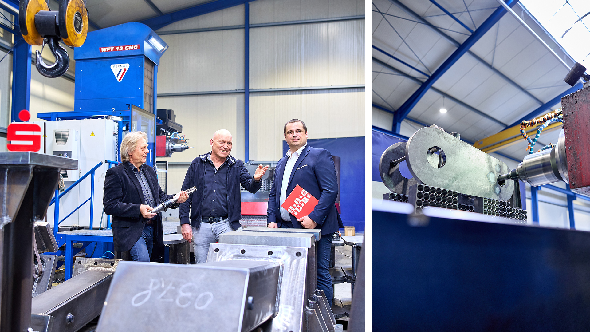 Das Bild ist zweigeteilt: auf der linken Seite sind drei Männer in einer Fabrikhallte zu sehen. Der Mann in der Mitte zeigt auf etwas, das man nicht sieht. Im Bild auf der Rechten Seite ist eine Maschine zu sehen, die in ein Eisenteil ein Loch fräst.