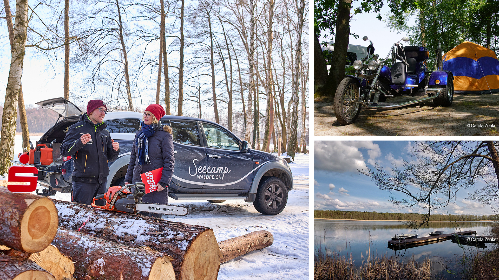 Das Bild ist dreigeteilt. Im linken Bild ist eine Sparkassen-Mitarbeiterin im Gespräch mit einem Holzfäller. Sie stehen vor einem Auto und vor ihnen liegt auf einem Baumstamm eine Motorsäge. Alles spielt sich auf einer winterlichen Waldlichtung ab. Im Bild rechts oben ist ein Motorrad vor einem Gelb-blauen Zelt zu sehen. Und im Bild rechts unten ist ein See mit einem Holzsteg und drei kleinen Holzbooten zu sehen.